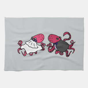 Funny Octopus Bride and Groom Wedding Art Tea Towel