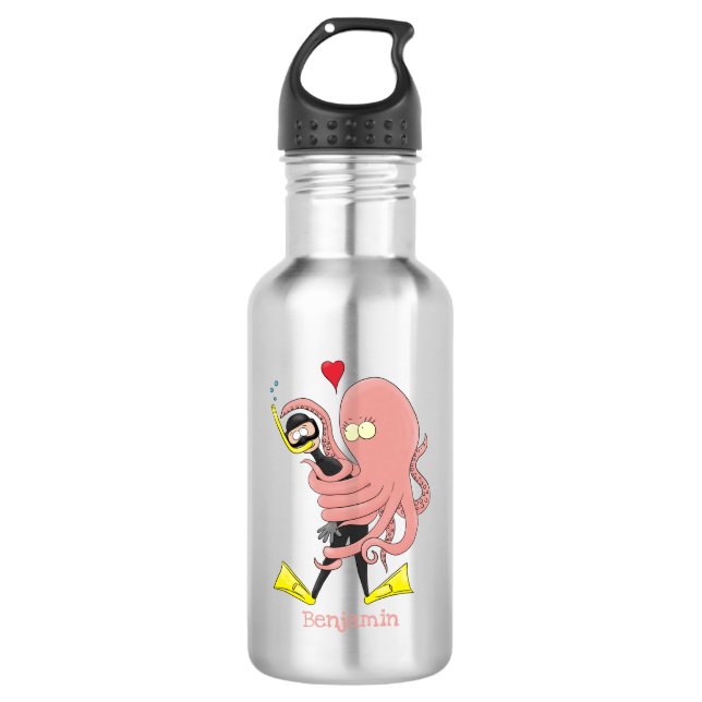 Funny octopus hugs diver cartoon humour  532 ml water bottle (Front)