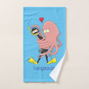 Funny octopus hugs diver cartoon humour bath towel set