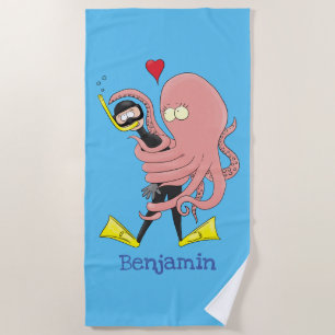 Funny octopus hugs diver cartoon humour  beach towel