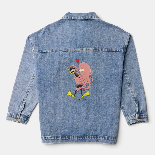 Funny octopus hugs diver cartoon humour denim jacket (Back)