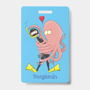 Funny octopus hugs diver cartoon humour ID badge
