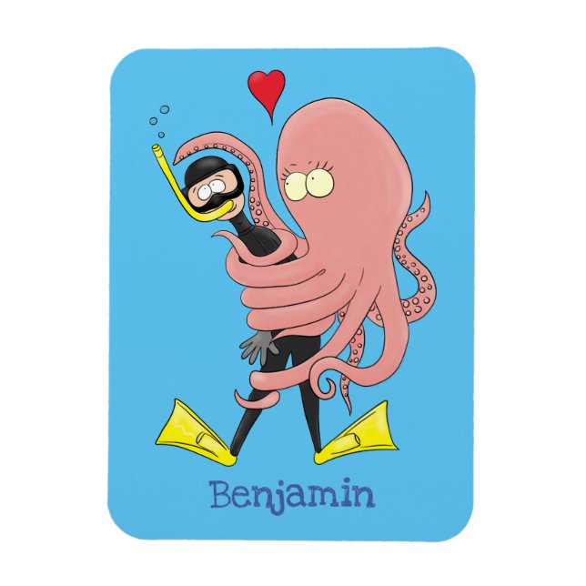 Funny octopus hugs diver cartoon humour magnet (Vertical)