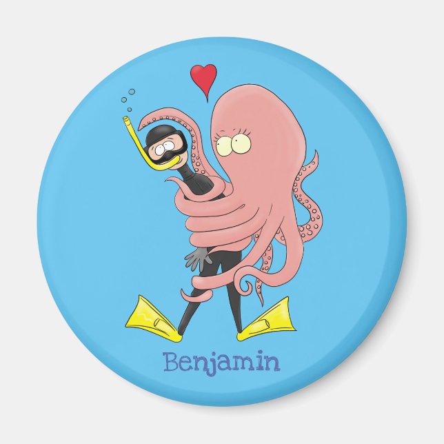 Funny octopus hugs diver cartoon humour magnet (Front)