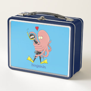Funny octopus hugs diver cartoon humour metal lunch box
