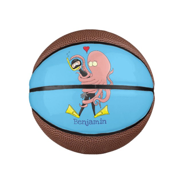 Funny octopus hugs diver cartoon humour mini basketball (Front)