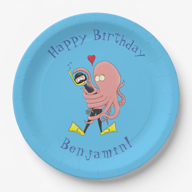 Funny octopus hugs diver cartoon humour paper plate (Front)