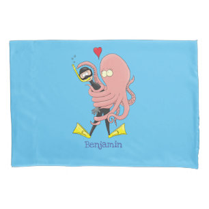 Funny octopus hugs diver cartoon humour pillowcase