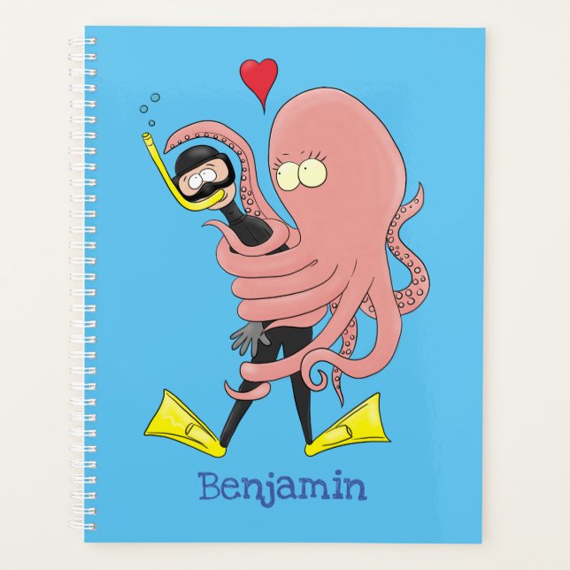 Funny octopus hugs diver cartoon humour planner (Front)