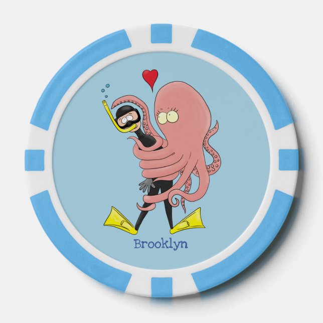 Funny octopus hugs diver cartoon humour poker chips (Front)