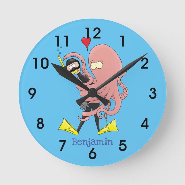 Funny octopus hugs diver cartoon humour round clock (Front)