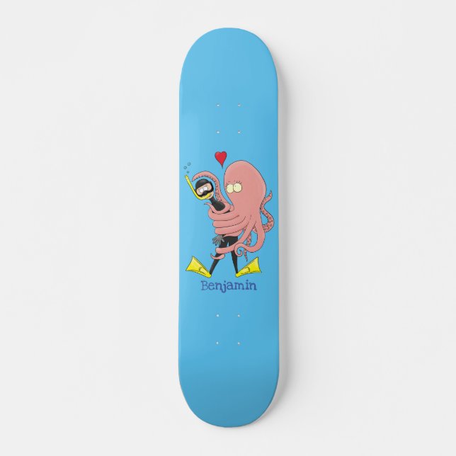 Funny octopus hugs diver cartoon humour skateboard (Front)