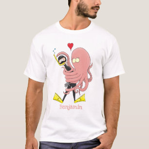 Funny octopus hugs diver cartoon humour T-Shirt