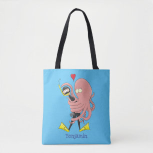 Funny octopus hugs diver cartoon humour  tote bag