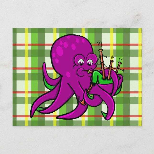 Funny Octopus  Illustration Cartoon Bagpipes Postcard (Front)