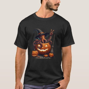 Funny Octopus Witch Pumpkin Halloween Mens Womens T-Shirt