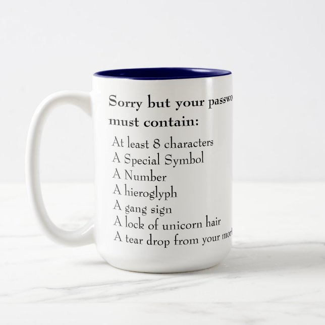 Funny Office, Impossible Password Two-Tone Coffee Mug (Left)