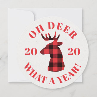 Funny Oh Deer 2020 Buffalo Plaid Photo Holiday Card