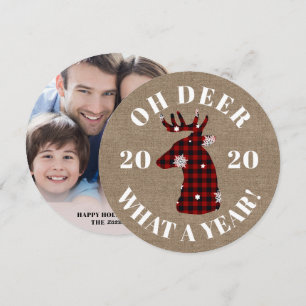 Funny Oh Deer 2020 Plaid Burlap Photo Holiday Card