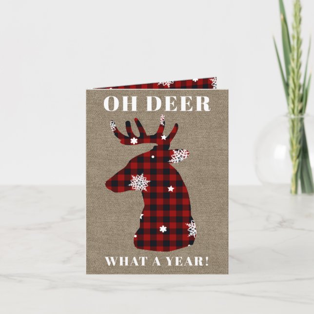 Funny Oh Deer Buffalo Plaid Burlap Christmas Holiday Card (Front)