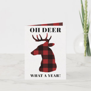 Funny Oh Deer What a Year Buffalo Plaid Deer Holiday Card
