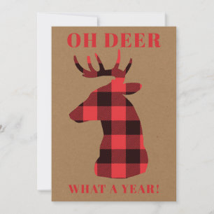Funny Oh Deer What a Year Buffalo Plaid Kraft Holiday Card