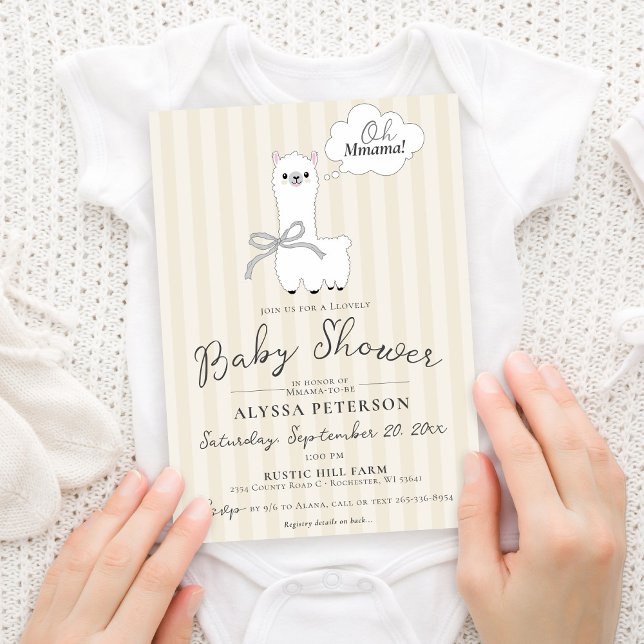 Funny Oh Mmama Llama Cute Beige Baby Shower Invitation (Modern funny Oh Mmama saying cute Llama bows gender neutral baby girl or boy baby shower invitation)