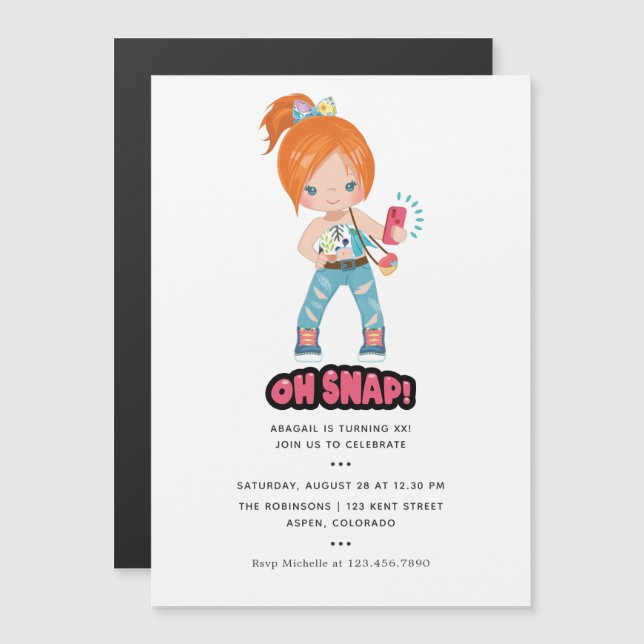 Funny Oh Snap! Selfie Girl Birthday Party Magnetic Invitation (Front/Back)