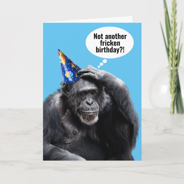 Funny Old Chimpanzee With Party Hat Birthday Card (Front)
