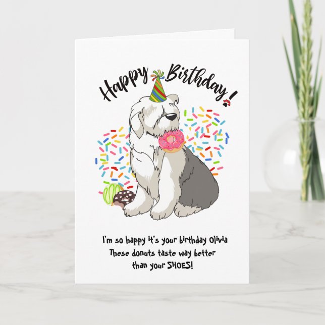 Funny Old English Sheepdog Birthday Card Doughnuts (Front)