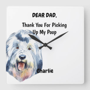 Funny Old English Sheepdog Dad Watercolor Canine Square Wall Clock