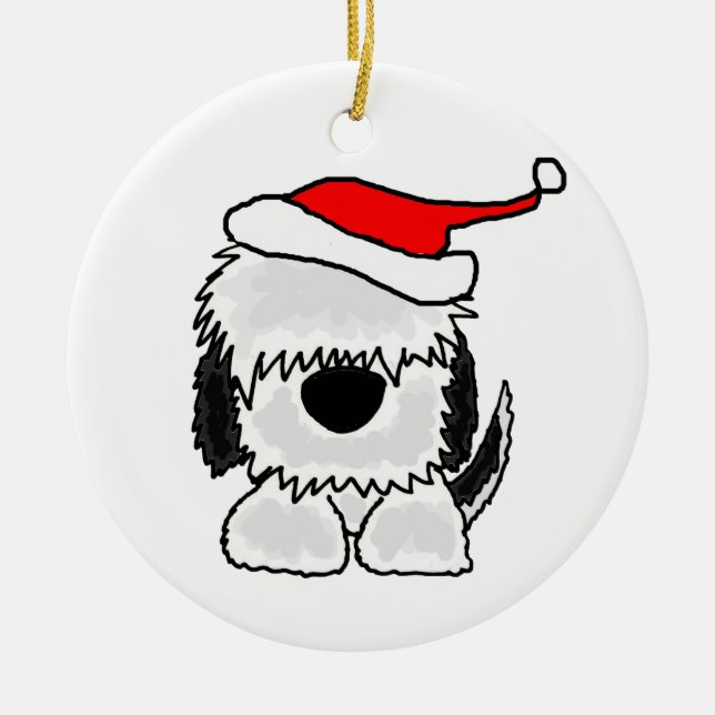 Funny Old English Sheepdog in Santa Hat Ceramic Tree Decoration (Front)