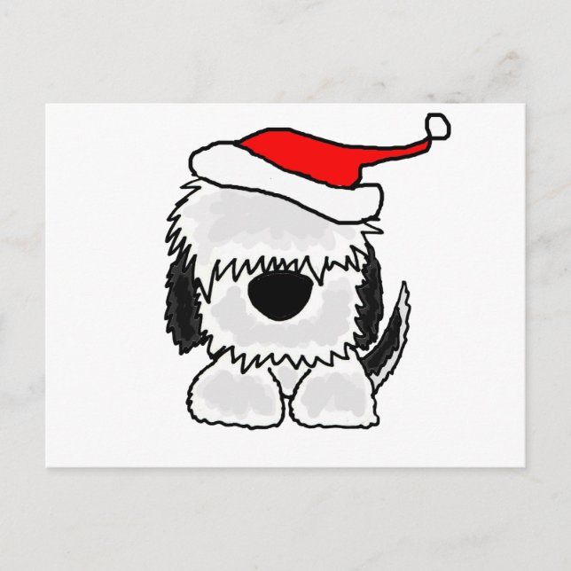 Funny Old English Sheepdog in Santa Hat Holiday Postcard (Front)