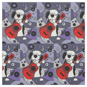 Funny Old English Sheepdog Playing Guitar Fabric