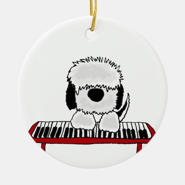 Funny Old English Sheepdog Playing Keyboard Ceramic Tree Decoration (Front)