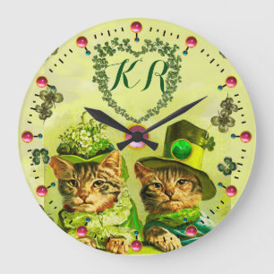 FUNNY OLD FASHION ST.PATRICK'S CATS,HEART MONOGRAM LARGE CLOCK