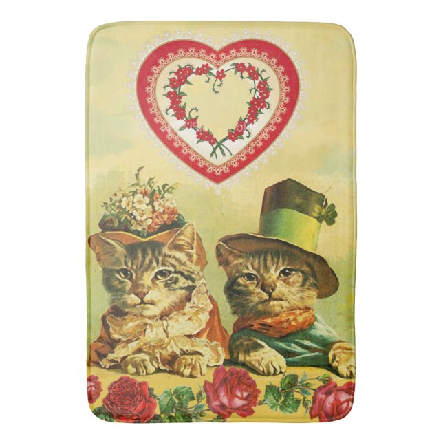 FUNNY OLD FASHION VALENTINES DAY CATS,Hearts,Roses Bath Mat (Front Vertical)