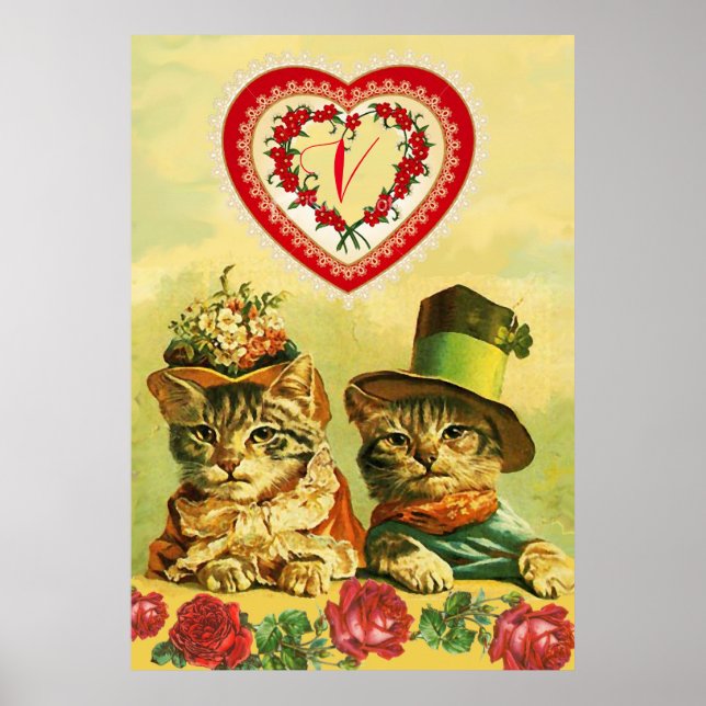 FUNNY OLD FASHION VALENTINES DAY CATS,Hearts,Roses Poster (Front)