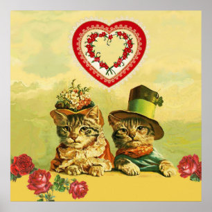 FUNNY OLD FASHION VALENTINES DAY CATS,Hearts,Roses Poster