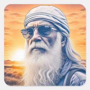 Funny Old Hippie, Biker Dude, Backpacker Square Sticker