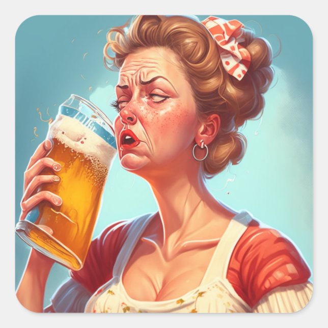 Funny Old Lady Drinking a Beer Square Sticker (Front)
