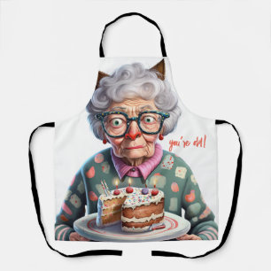 Funny Old-Looking Lady Cat Birthday Apron