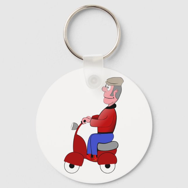 Funny Old Man Riding Red Scooter Key Ring (Front)