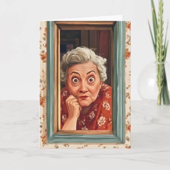 Funny Old Woman Window Holiday Card (Front)