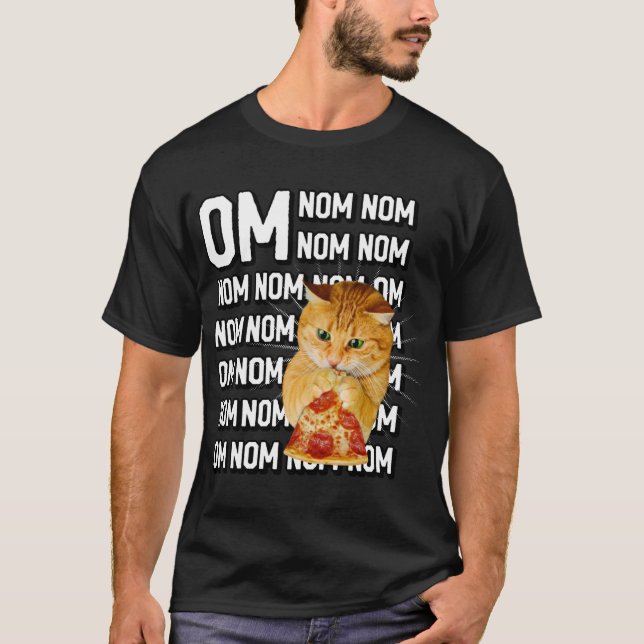Funny Om Nom Nom Nom Orange Cat Eating Pepperoni P T-Shirt (Front)
