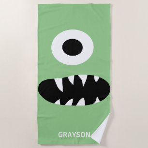 Funny One Eyed Monster Kids Personalised Green Beach Towel