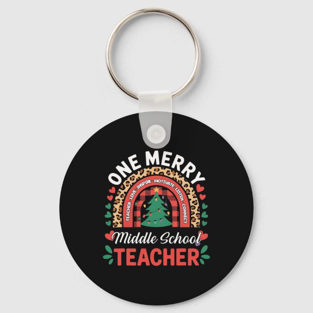 Funny One Merry Middle School Teacher Rainbow Chri Key Ring (Front)