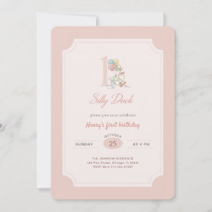 Funny One Silly Duck Pink Bow Girl 1st Birthday Invitation