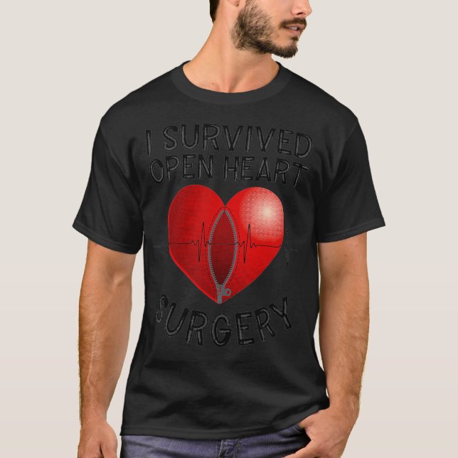 Funny Open Heart Surgery Gift Men Cool Survived He T-Shirt (Front)