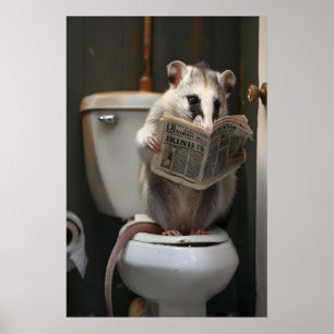 Funny Opossum Bathroom Print, Toilet Newspaper Art Poster